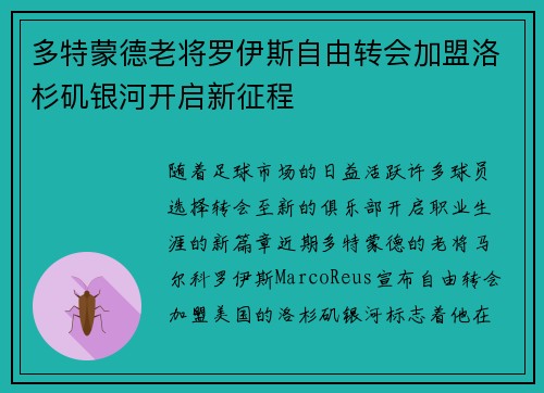 多特蒙德老将罗伊斯自由转会加盟洛杉矶银河开启新征程
