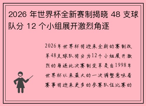 2026 年世界杯全新赛制揭晓 48 支球队分 12 个小组展开激烈角逐