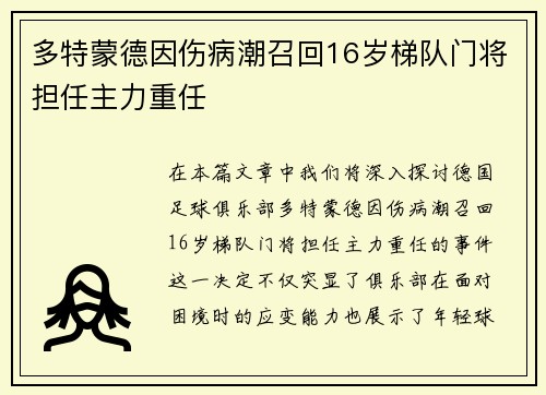多特蒙德因伤病潮召回16岁梯队门将担任主力重任