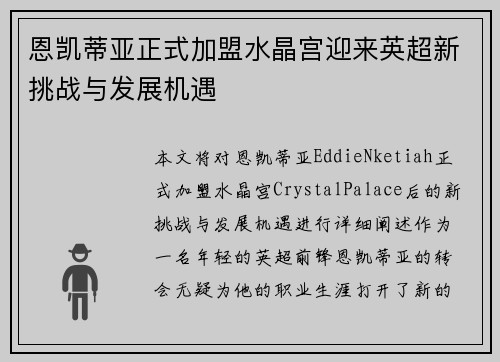 恩凯蒂亚正式加盟水晶宫迎来英超新挑战与发展机遇